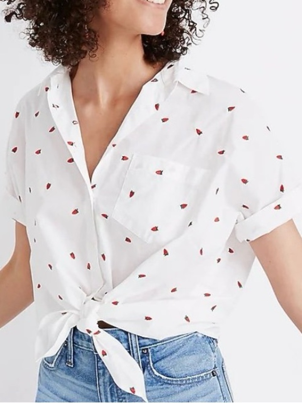 Madewell Short-Sleeve Tie-Front Shirt Strawberry Embroidery White Red M J2282